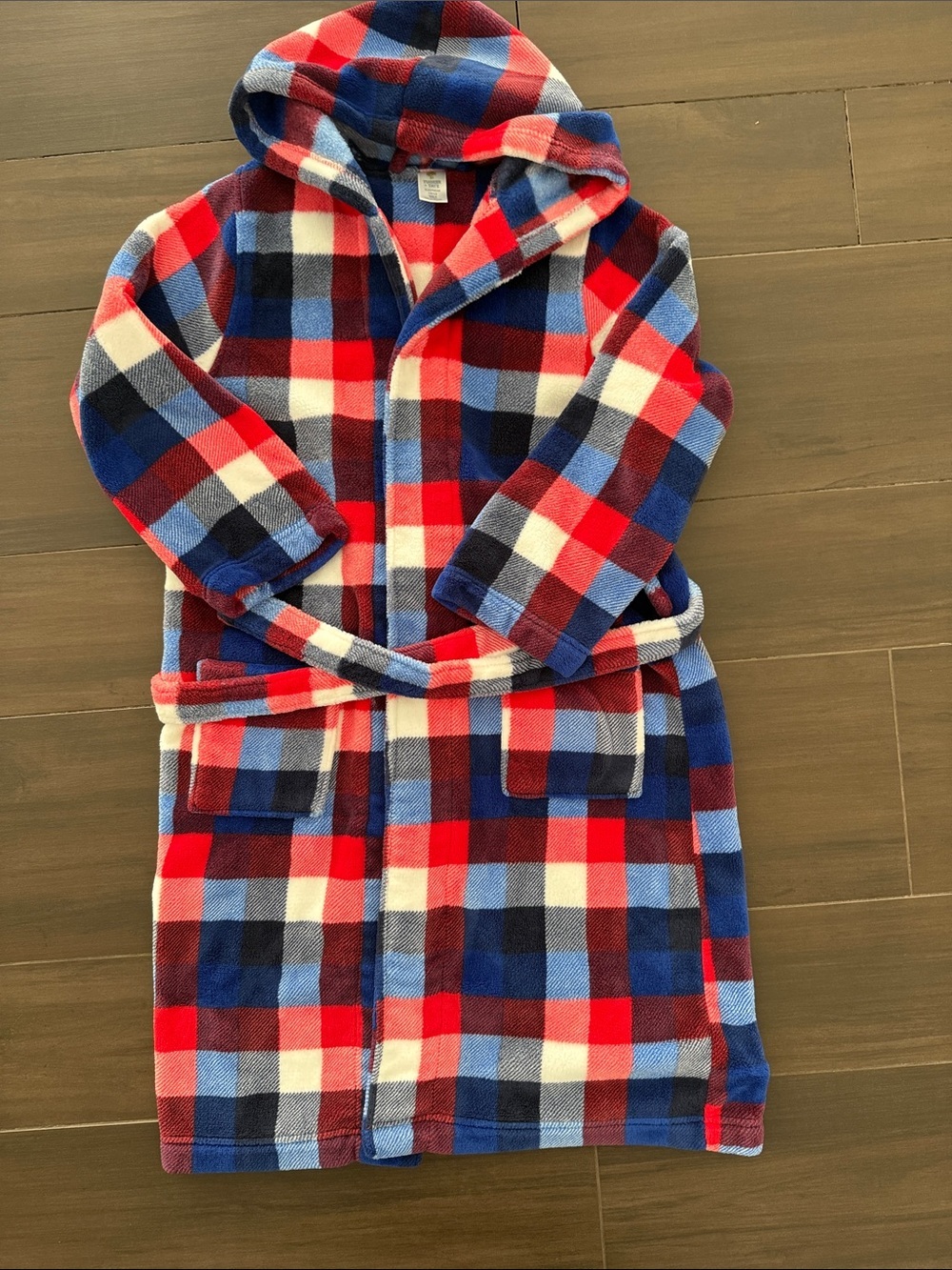 Kids Tucker + Tate Hooded Plaid Fleece Bathrobe - Multicolor (Red/Blue)